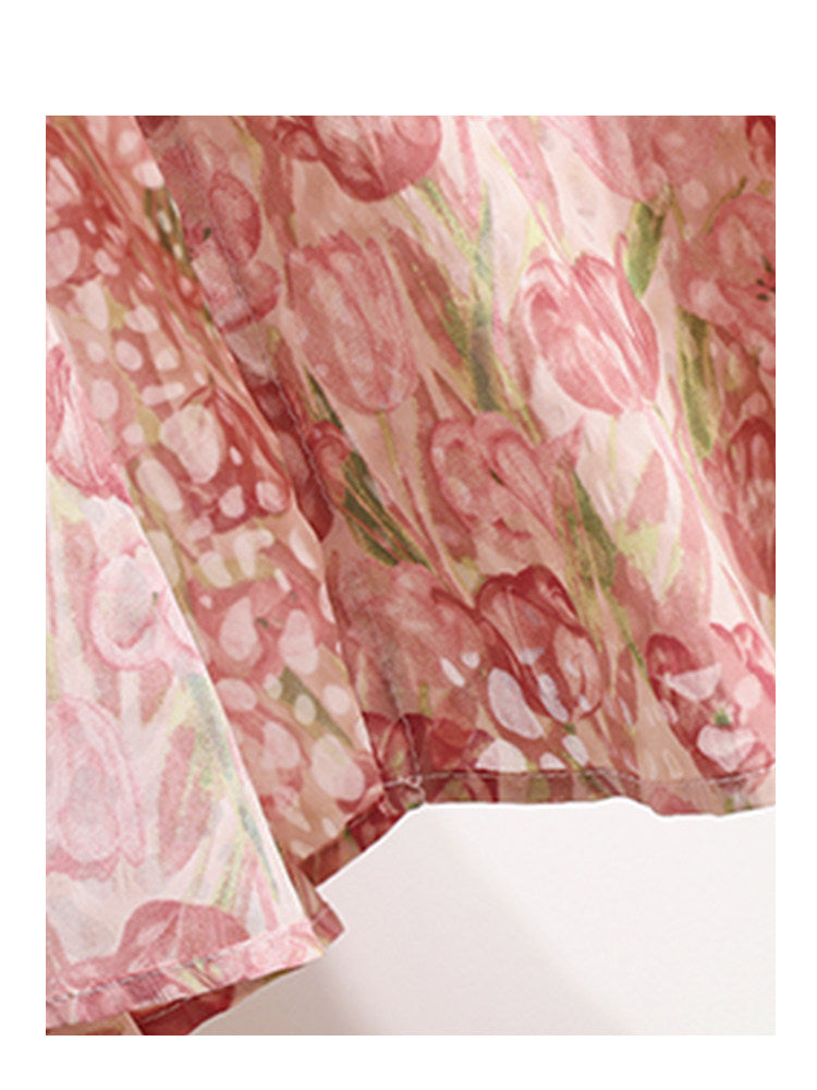 Cara CLUB plus size V-neck floral dress female summer fat sister mm cover the belly to slim down fashion slit long skirt