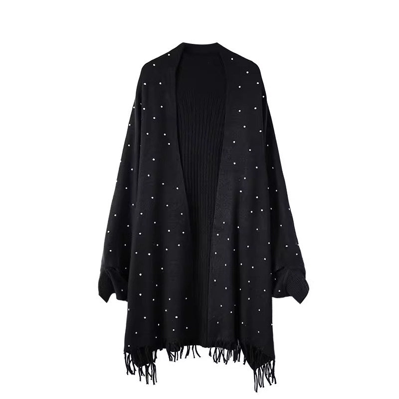 Cara CLUB plus size knit jacket women's autumn fat mm heavy industry design fringed long sleeve cape shawl jacket