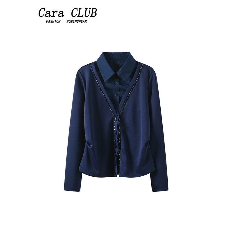 Cara CLUB plus-size POLO collar long-sleeved shirt women's autumn fat sister French retro lazy slimming shirt