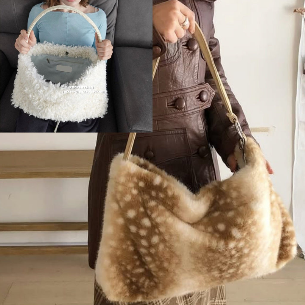 (ROCKER CHEN) fur bag fawn pattern curly winter ring buckle shoulder bag tote bag