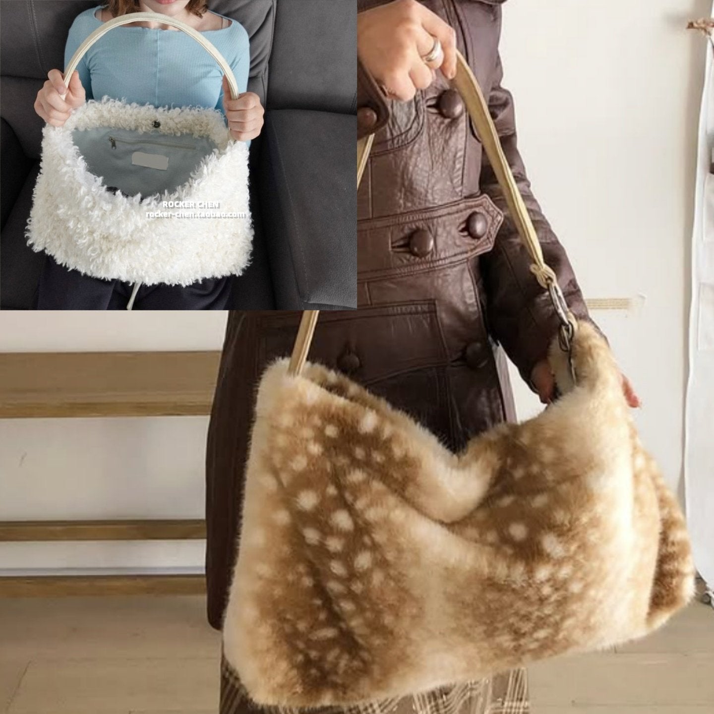 (ROCKER CHEN) fur bag fawn pattern curly winter ring buckle shoulder bag tote bag