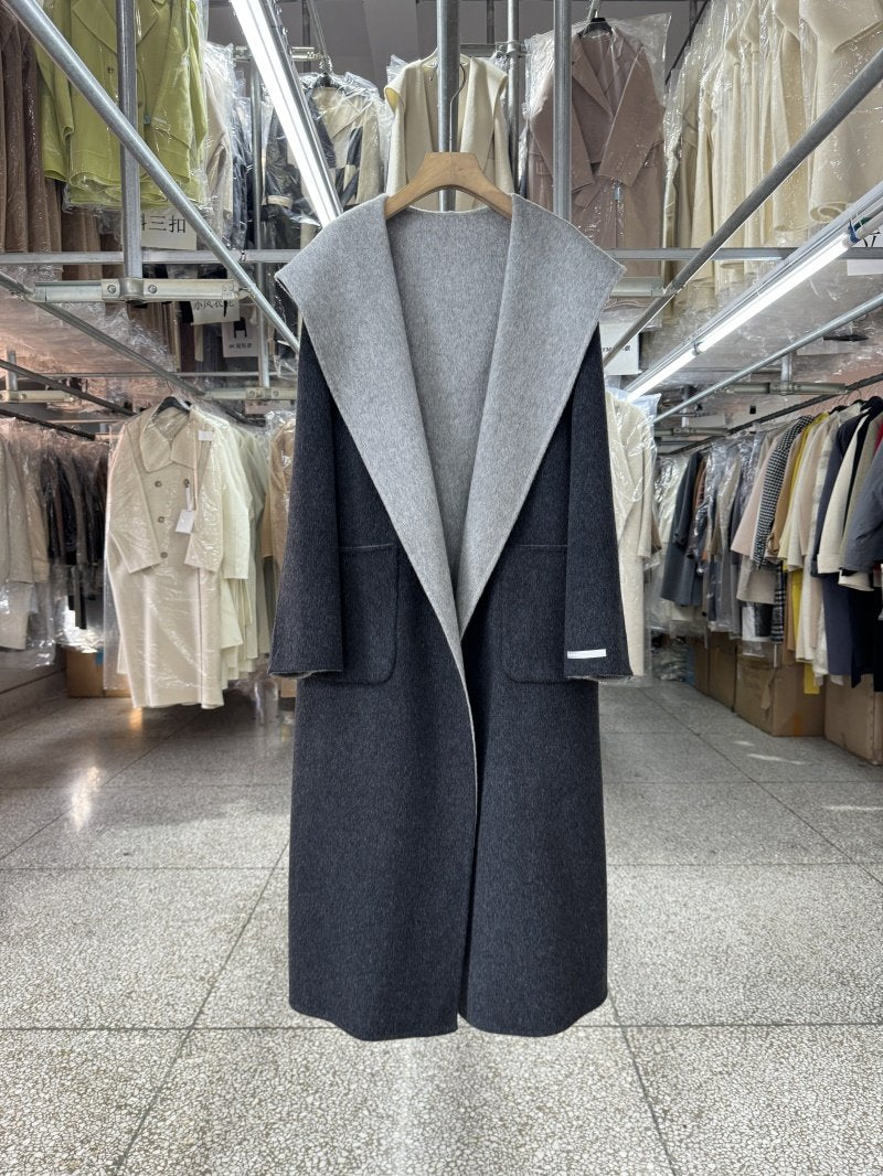 Hooded color-blocked reversible wool coat women's mid-length 25 new loose straight warm woolen jacket