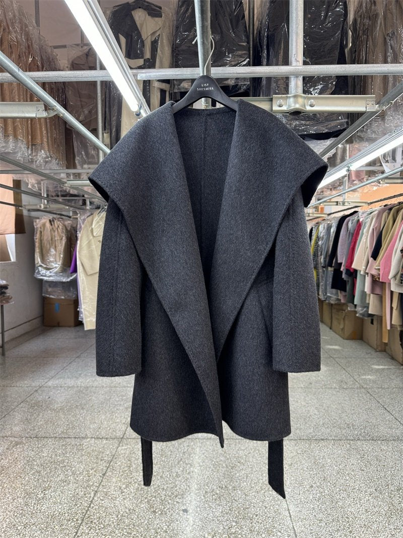 Large lapel reversible wool coat women's short 25 years new loose lapel fashion lace-up topstitch woolen jacket