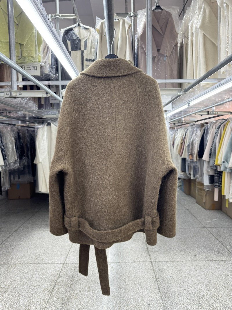 Su Li long wool reversible sheep wool coat women's short 25 autumn new loose stand-up collar vintage lace-up woolen jacket