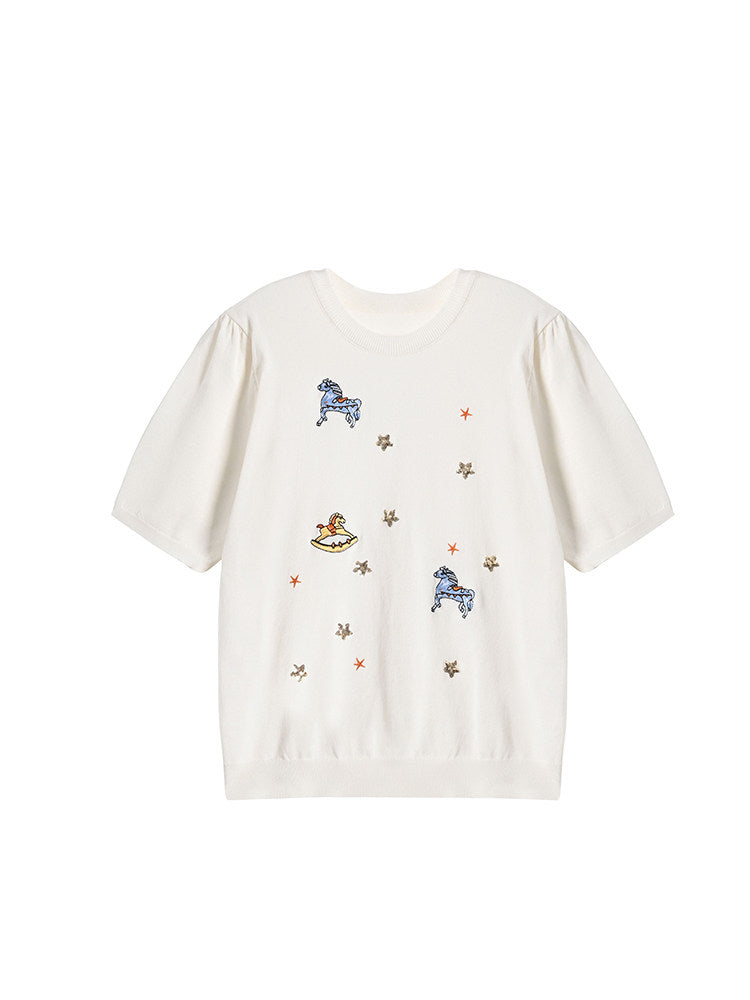 Cara CLUB large size ice silk knitted short-sleeved T-shirt women's summer fat mm loose cover belly slimming design top