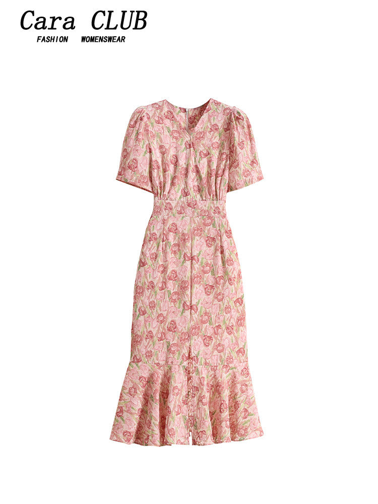 Cara CLUB plus size V-neck floral dress female summer fat sister mm cover the belly to slim down fashion slit long skirt