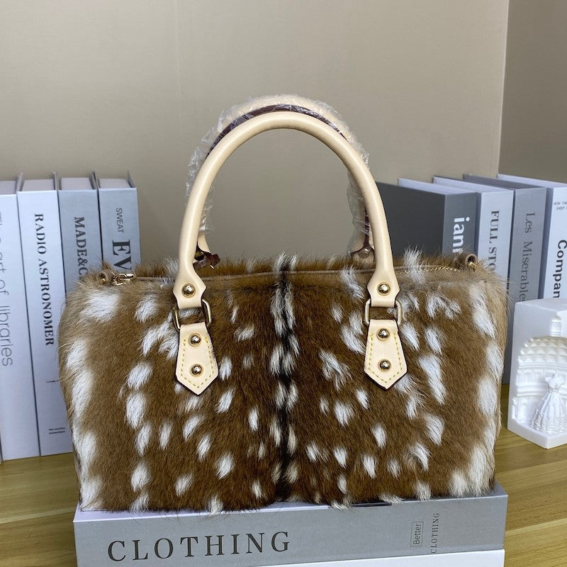 Boston bag sika deer real fur straw handbag bag women's shoulder crossbody fashion plush handbag 2026 new