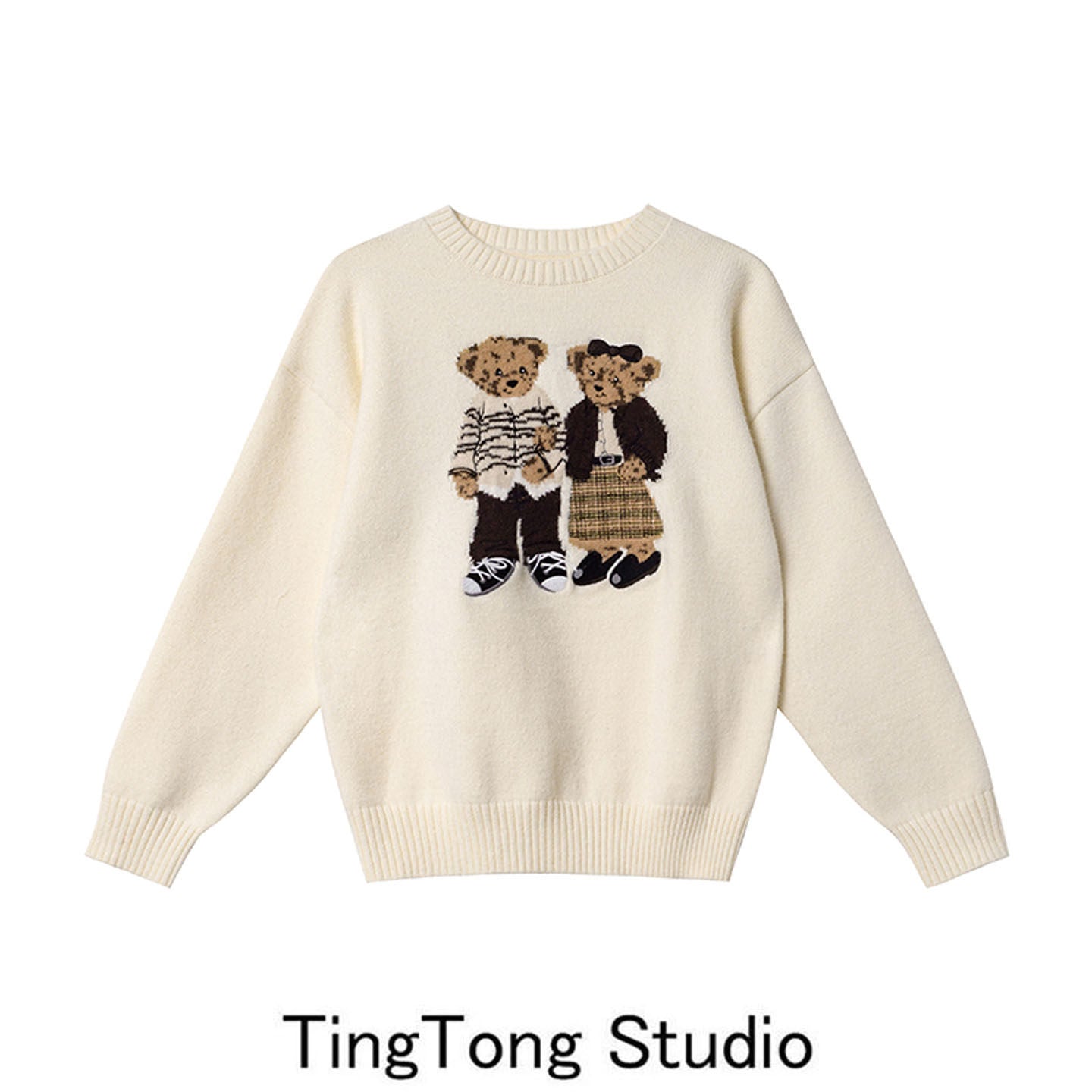Cartoon bear jacquard embroidery crew neck sweater women's autumn and winter new cute age-reducing loose pullover knitted top