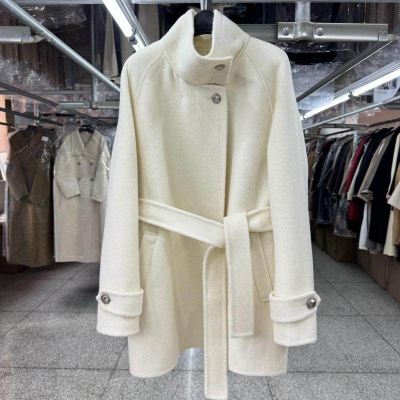 Cigarette neck reversible wool coat women's cropped petite fall and winter new loose lace-up A-shaped woolen jacket