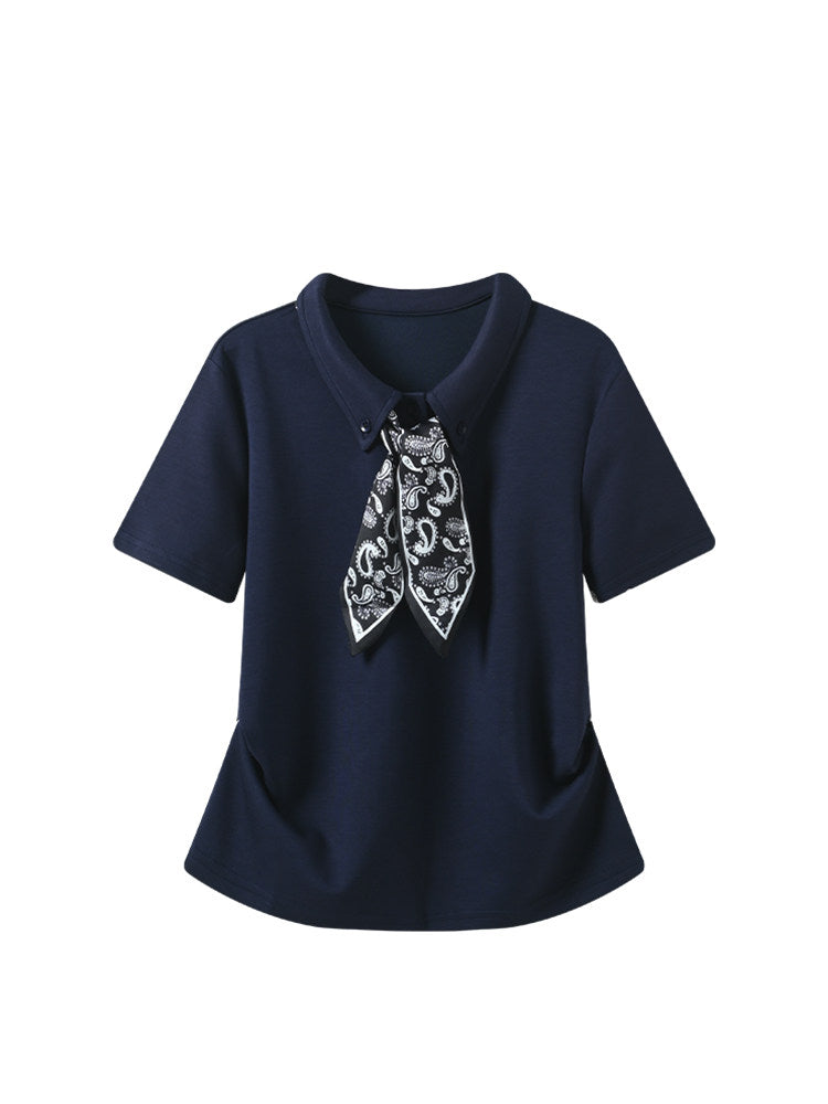 Cara CLUB plus-size polo neck straight shoulder short-sleeved T-shirt women's summer fat sister temperament to reduce age and slim down with tops