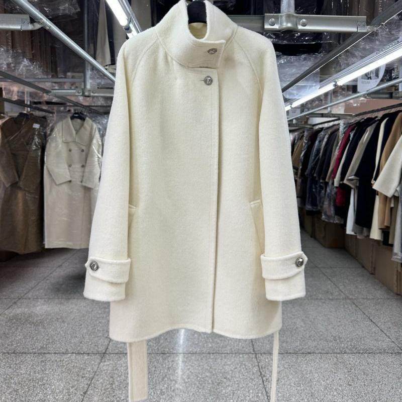 Cigarette neck reversible wool coat women's cropped petite fall and winter new loose lace-up A-shaped woolen jacket