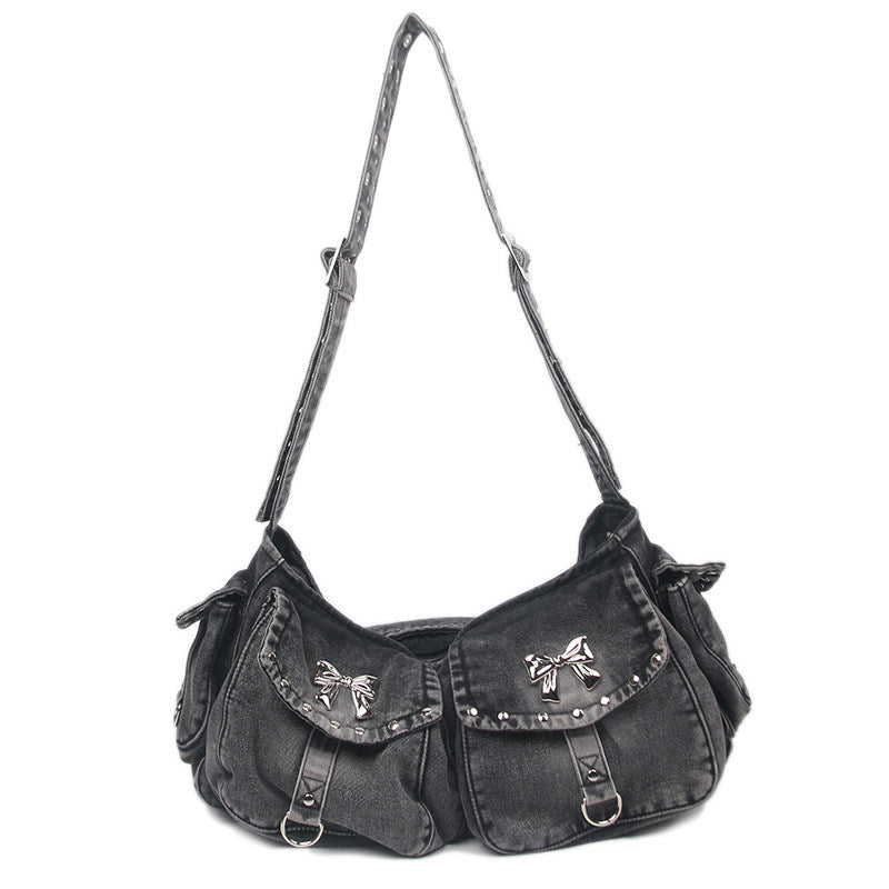 2025 American Retro Spice Girl Multi-pocket Washed Denim Bag Wide Shoulder Strap Armpit Bag Women's Single Shoulder Crossbody Bag Large