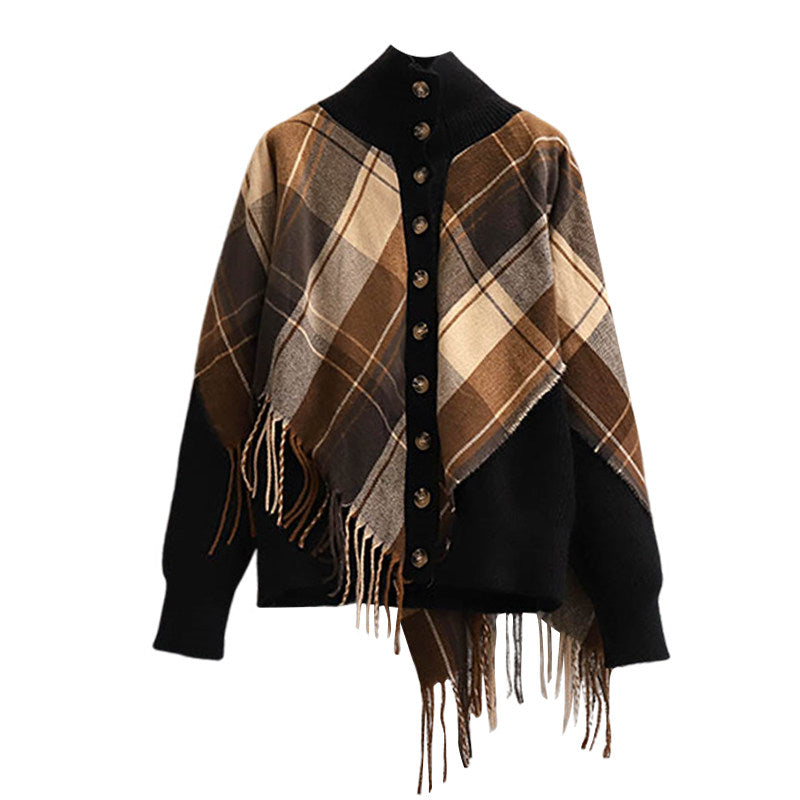 Cara CLUB plus size fake two-piece plaid tassel shawl women's early autumn fashion slimming temperament knitted jacket