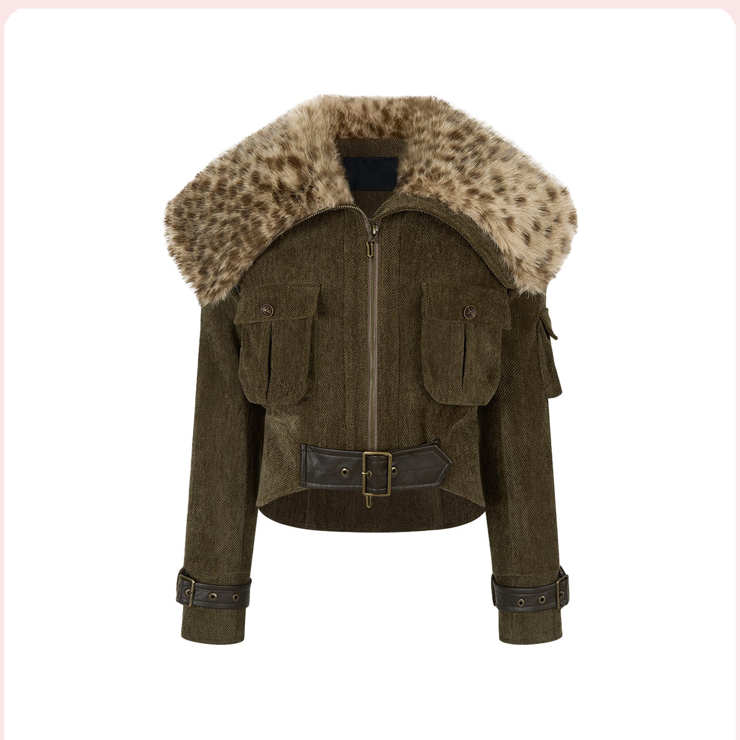 NUTO design sense heavy industry leopard print large fur collar waist thickened jacket women's autumn and winter temperament short top