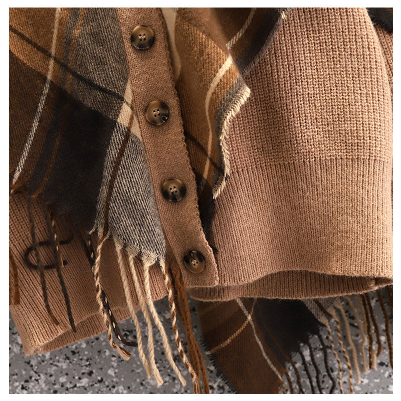 Cara CLUB plus size fake two-piece plaid tassel shawl women's early autumn fashion slimming temperament knitted jacket