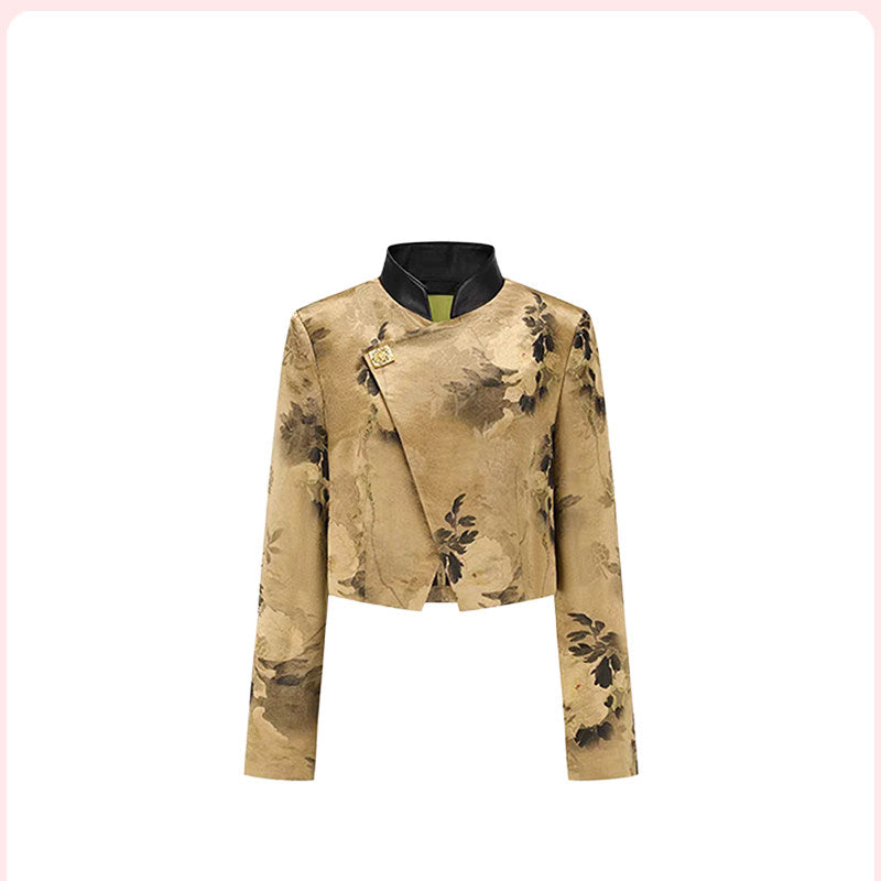 NUTO [spot] Ruth same new Chinese style good luck golden stamens peony print diagonal placket short blazer