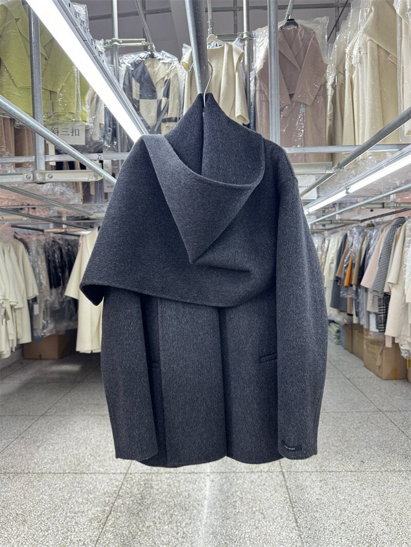 Coffee-colored yak fleece scarf, shawl, reversible wool coat, women's short 25, new loose high-end woolen jacket