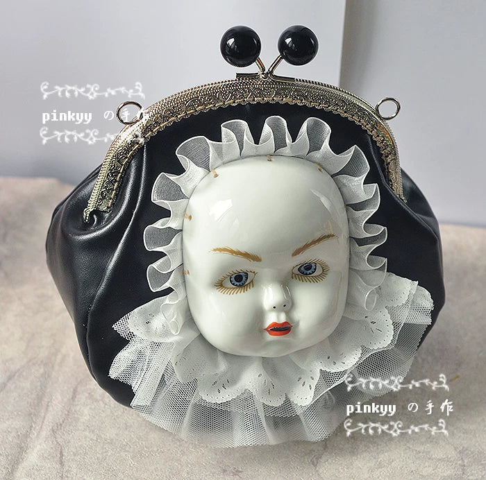 "pinkyy の hand made" antique ceramic doll face retro strange Gothic handmade diagonal cross gold bag