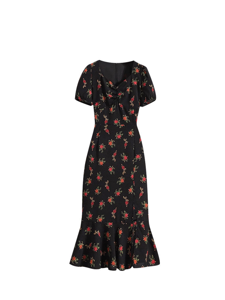 CaraCLUB large size square neck floral dress women's summer fat sister mm waist slimming high-end hip skirt