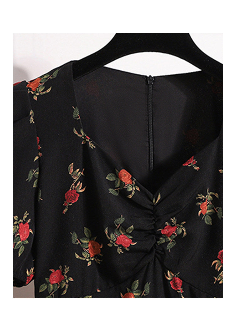 CaraCLUB large size square neck floral dress women's summer fat sister mm waist slimming high-end hip skirt