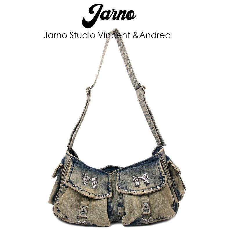 2025 American Retro Spice Girl Multi-pocket Washed Denim Bag Wide Shoulder Strap Armpit Bag Women's Single Shoulder Crossbody Bag Large