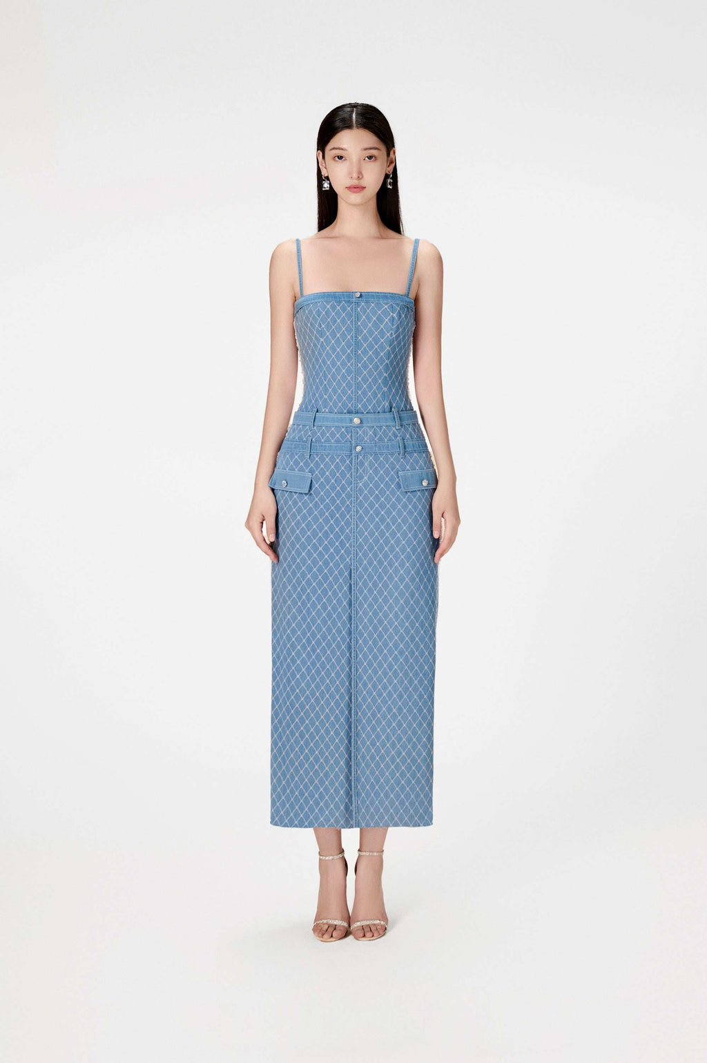 2024 Summer Vietnam Niche Design Temperament Slimming Denim Sundress Waist Slit One-Shoulder Dress