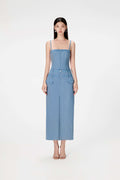 2024 Summer Vietnam Niche Design Temperament Slimming Denim Sundress Waist Slit One-Shoulder Dress