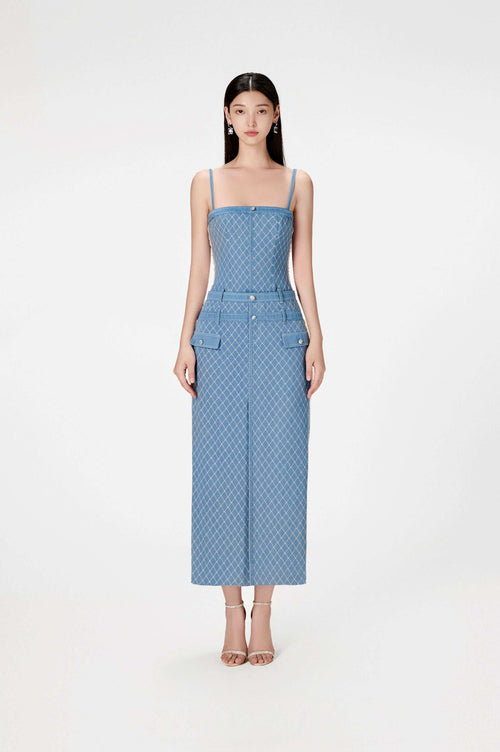 2024 Summer Vietnam Niche Design Temperament Slimming Denim Sundress Waist Slit One-Shoulder Dress