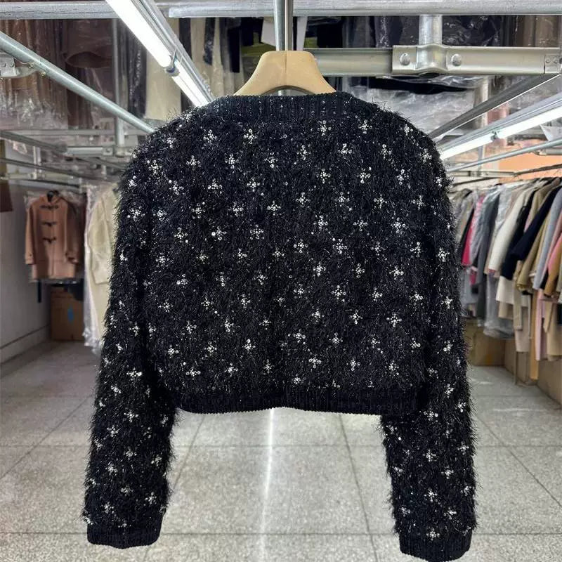 Unique small fragrance short jacket top, 25 years spring, new round neck, French temperament, heavy work nail beads, high-end feeling