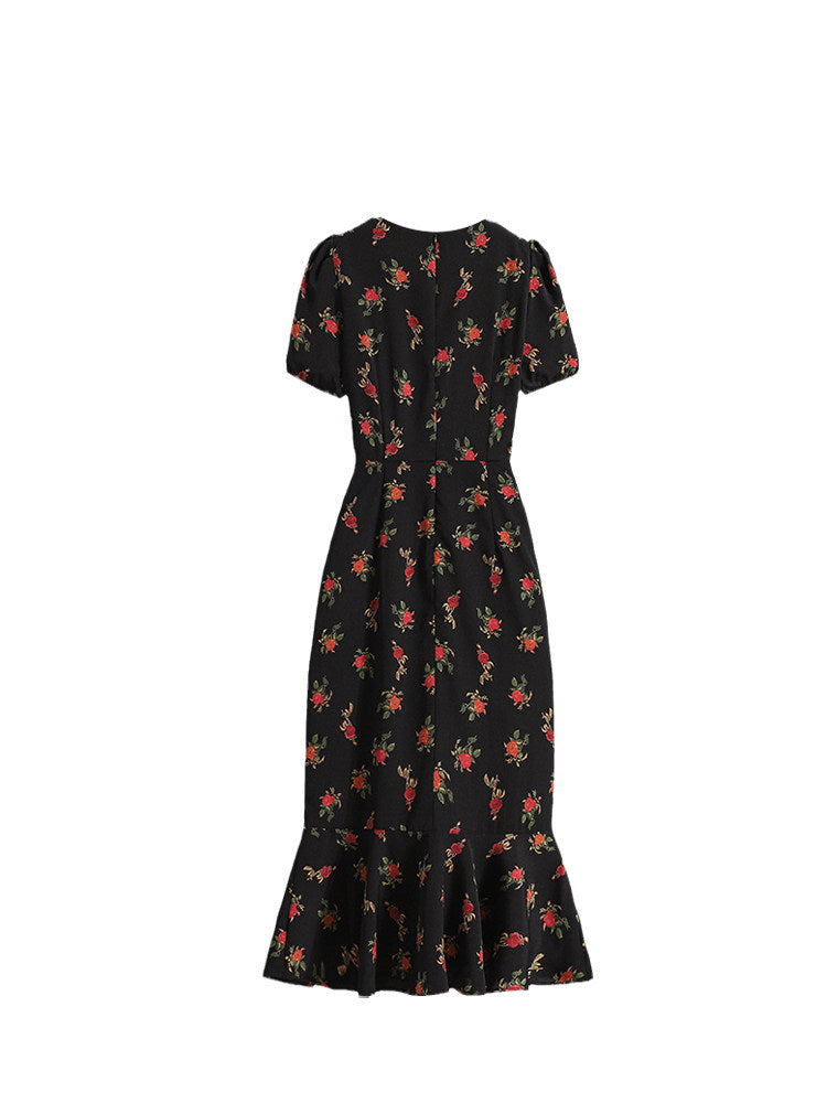 CaraCLUB large size square neck floral dress women's summer fat sister mm waist slimming high-end hip skirt