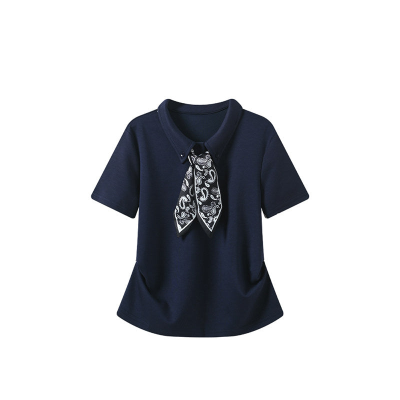 Cara CLUB plus-size polo neck straight shoulder short-sleeved T-shirt women's summer fat sister temperament to reduce age and slim down with tops