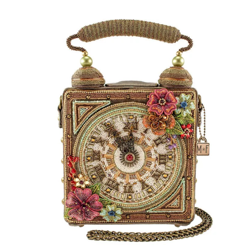 25 Mary Frances Time of Your Life Hand-Studded Beaded Clock Women's Shoulder Tote Bag
