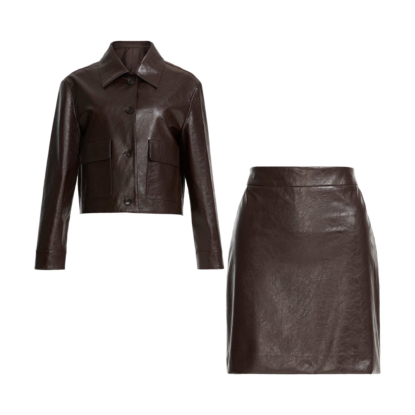 BANGON Retro PU Leather Suit Skirt Temperament Versatile Fall 2025 New High-Waist Slimming Two-Piece Set for Women