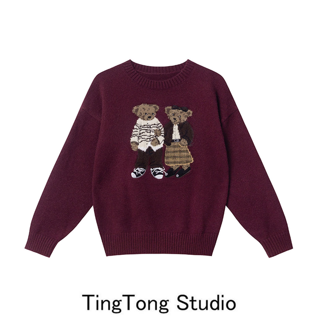 Cartoon bear jacquard embroidery crew neck sweater women's autumn and winter new cute age-reducing loose pullover knitted top