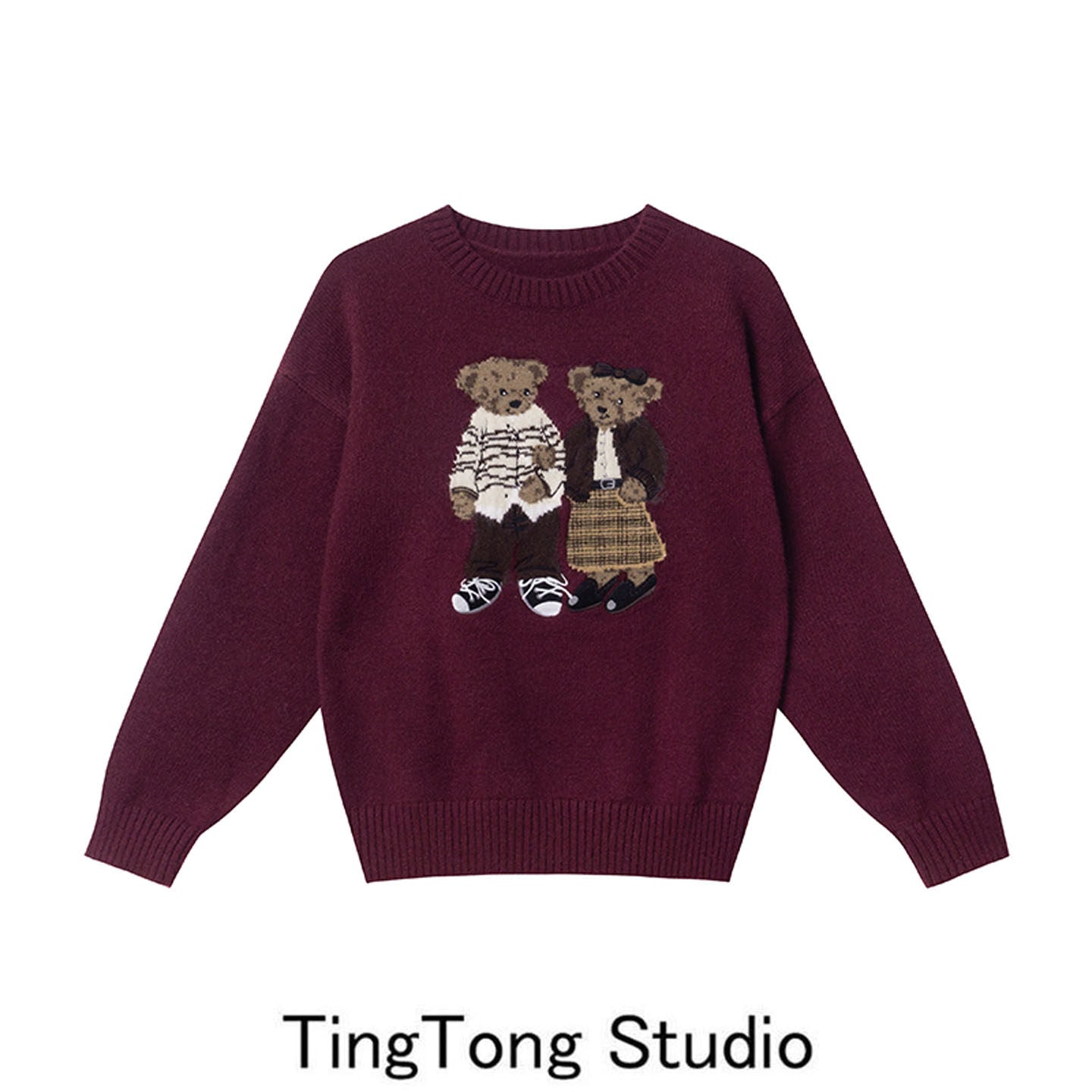 Cartoon bear jacquard embroidery crew neck sweater women's autumn and winter new cute age-reducing loose pullover knitted top