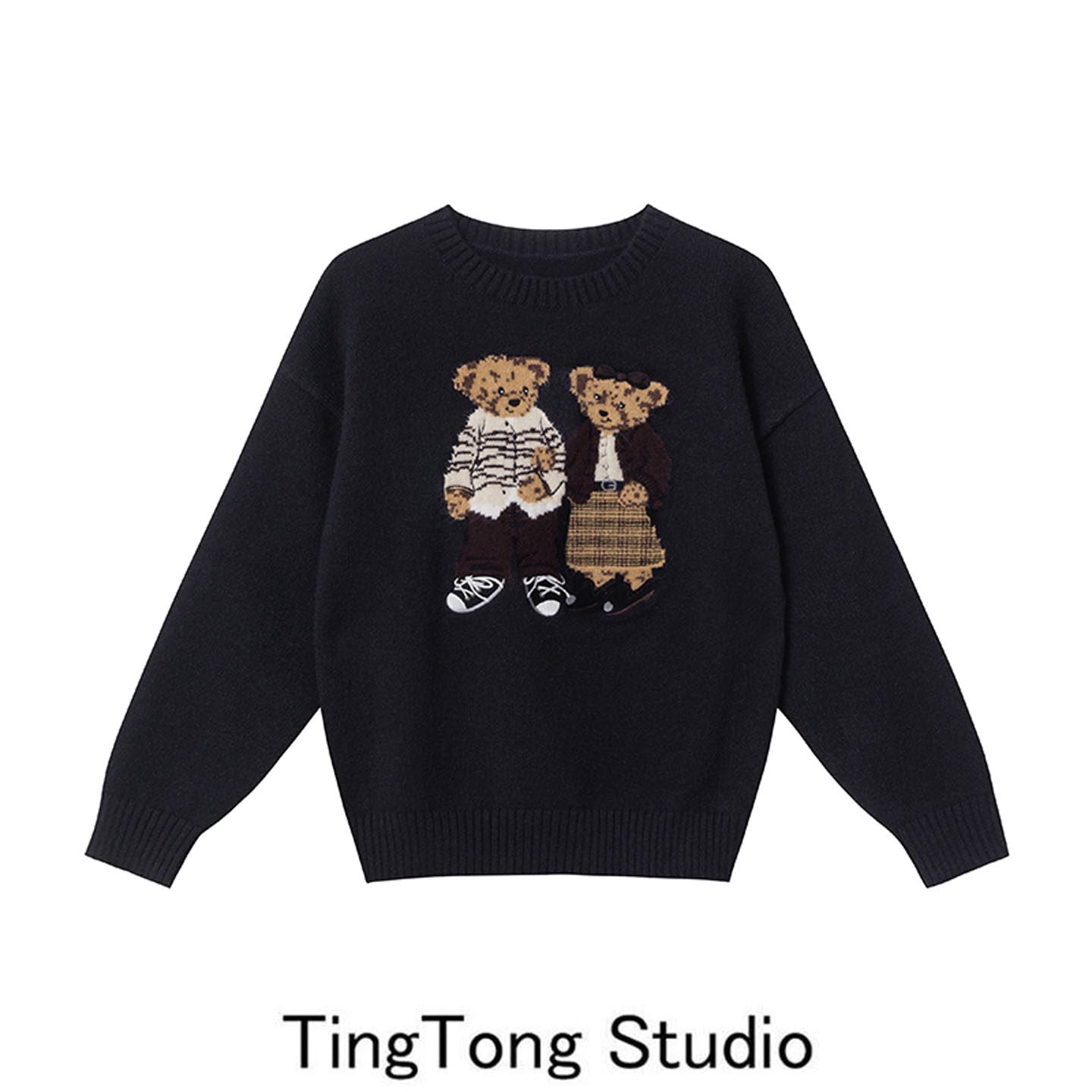 Cartoon bear jacquard embroidery crew neck sweater women's autumn and winter new cute age-reducing loose pullover knitted top