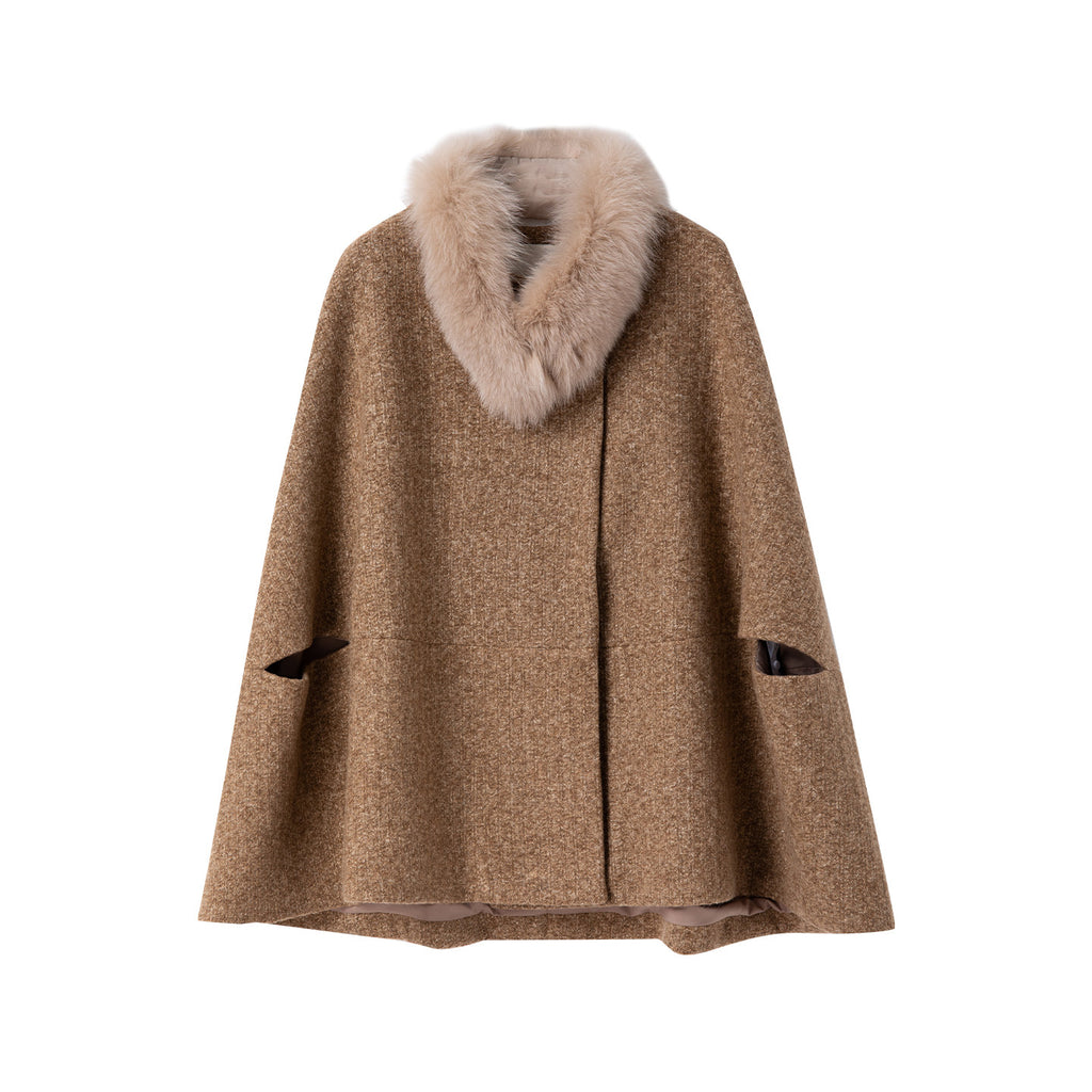 BANGON Rich Daughter Cloak Woolen Jacket Fur Collar Stitching Design Sense Temperament Versatile Short Coat Woman