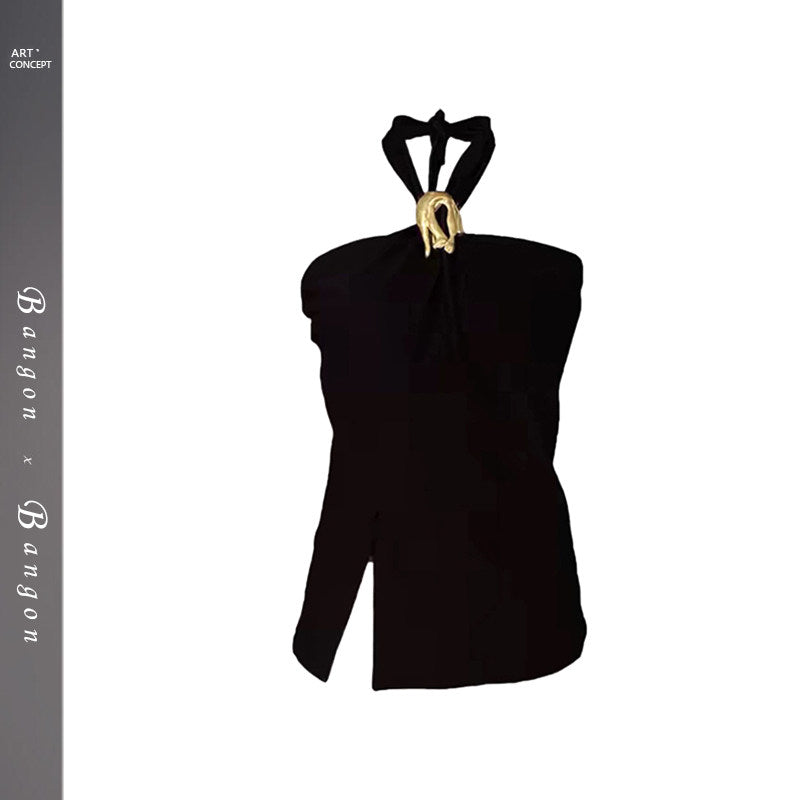 BANGON hot girl halterneck suit skirt niche design sense 2025 summer new royal sister slimming two-piece set