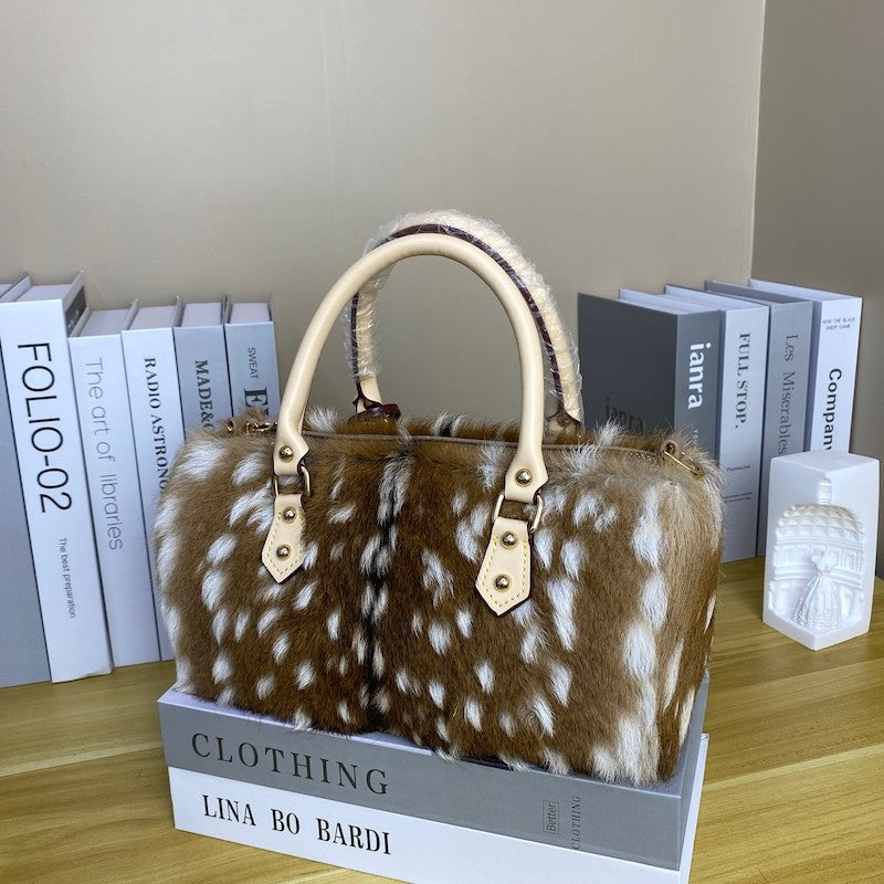 Boston bag sika deer real fur straw handbag bag women's shoulder crossbody fashion plush handbag 2026 new