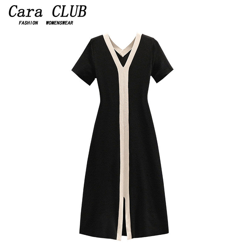 Cara CLUB plus-size knitted dress women's summer fat sister French temperament age-reducing waist slimming A-line skirt
