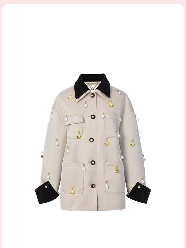 NUTO [in stock] gorgeous pearl shell pendant decoration trench coat jacket women's 25 early spring new lapel top