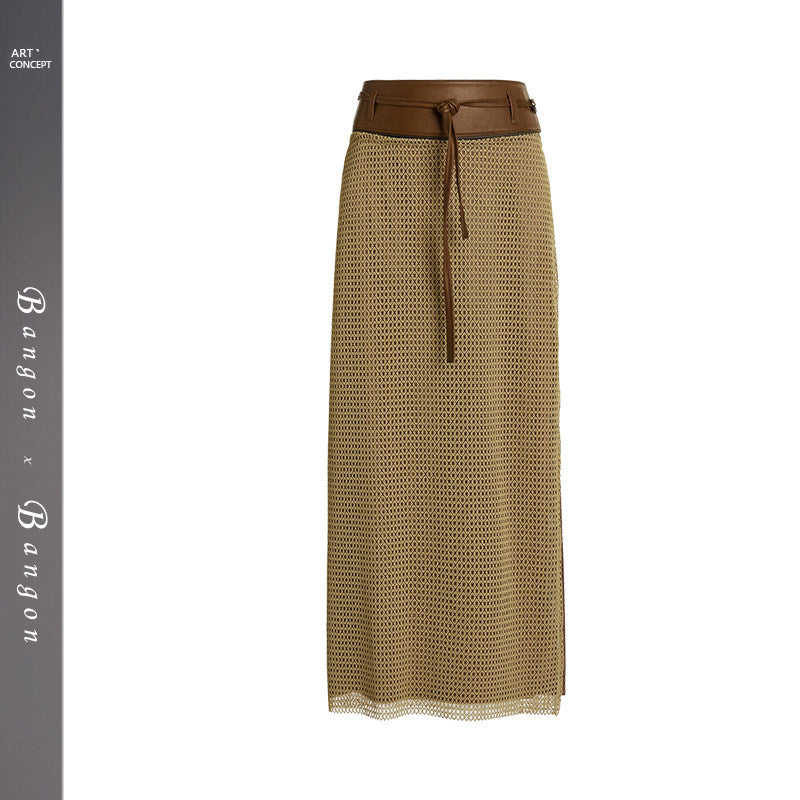 BANGON French vintage woven high-waisted skirt with splicing contrasting design sense 2025 new skirt for women