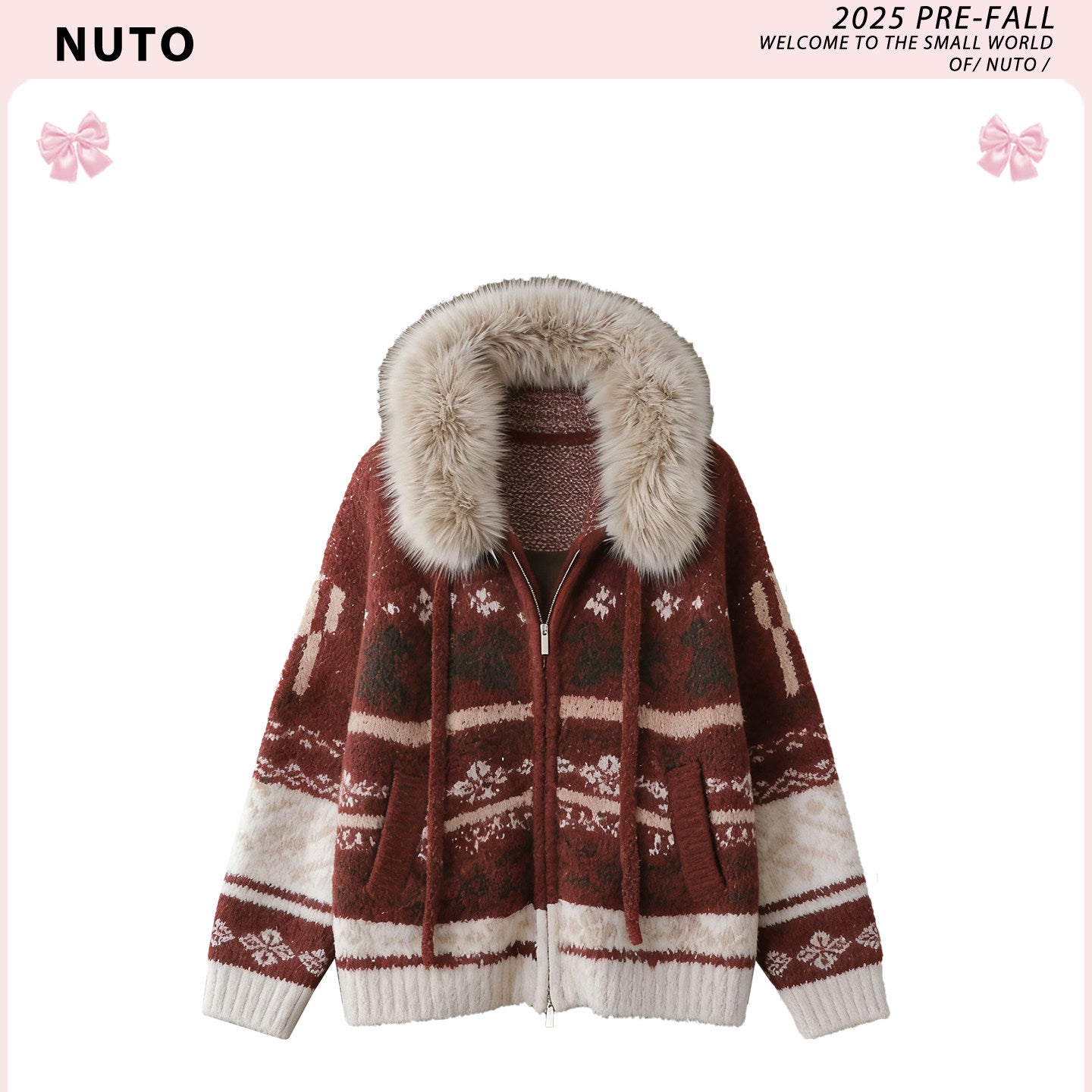 NUTO Capture Christmas Detachable Fur Collar Fair Island Sweater Knitted Cardigan Women's Winter Lazy Hooded Coat