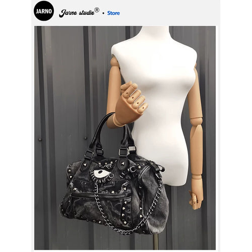 2025 New Summer Black Punk American Babes Cool Sassy Drag Sister Denim Bag Bag Women's Handbag Crossbody Bag Big