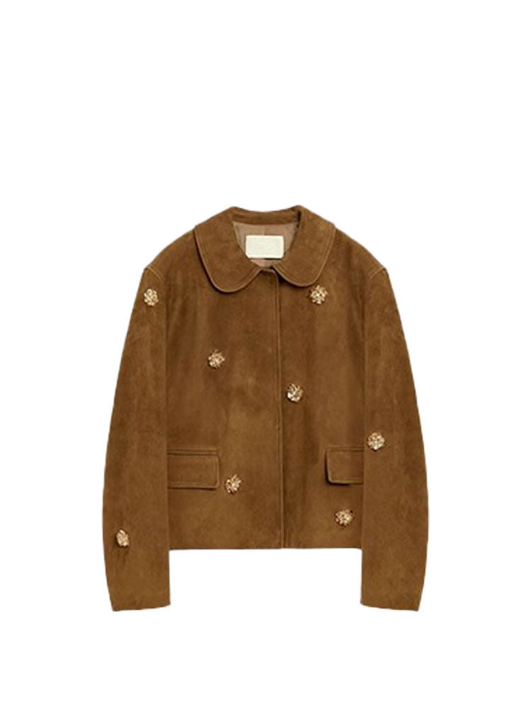 NUTO niche high-end nail bead suede cropped leather jacket 2025 new jacket for women, new spring 2025 model