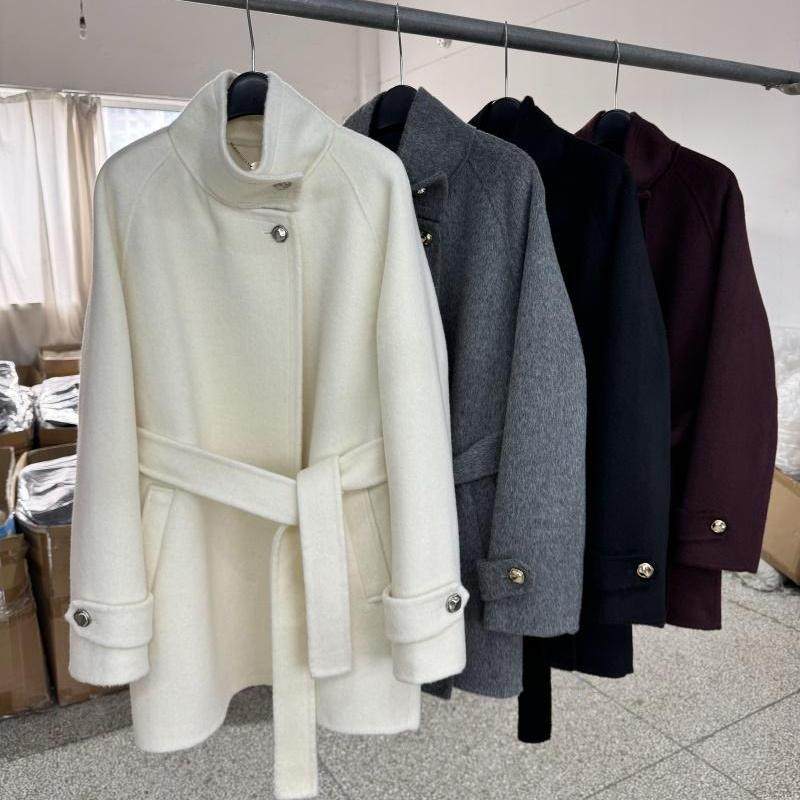 Cigarette neck reversible wool coat women's cropped petite fall and winter new loose lace-up A-shaped woolen jacket