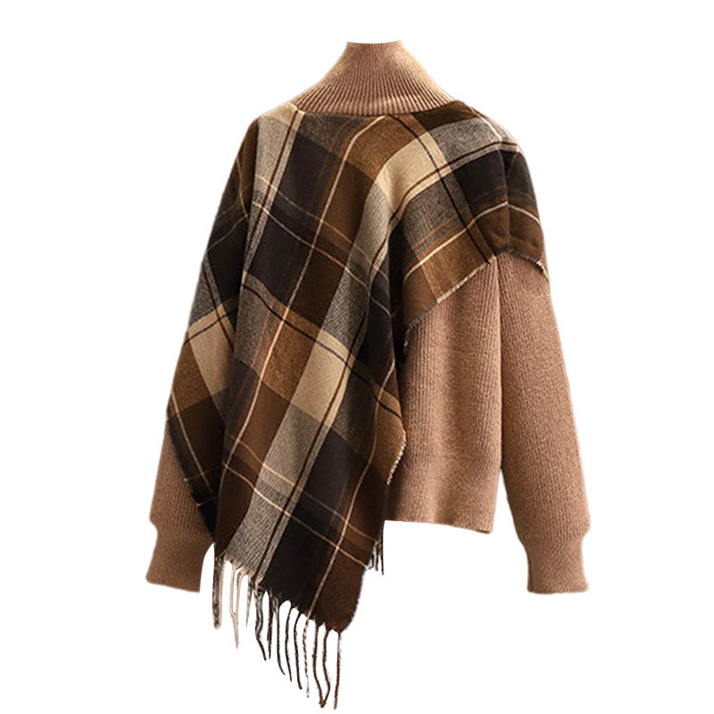 Cara CLUB plus size fake two-piece plaid tassel shawl women's early autumn fashion slimming temperament knitted jacket