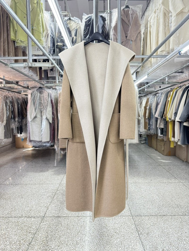 Hooded color-blocked reversible wool coat women's mid-length 25 new loose straight warm woolen jacket