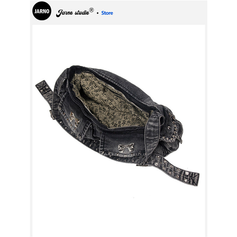 2025 American Retro Spice Girl Multi-pocket Washed Denim Bag Wide Shoulder Strap Armpit Bag Women's Single Shoulder Crossbody Bag Large