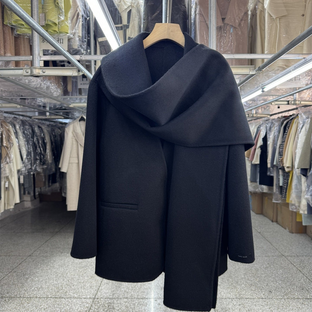 Black scarf, reversible wool coat, women's short model, 2025 autumn/winter new Korean fashion temperament woolen jacket